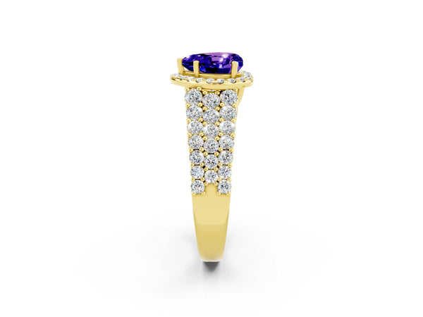 Yellow gold Heart Cut Tanzanite Halo Engagement Ring with Triple Row Round Pavé Band and Prong Setting