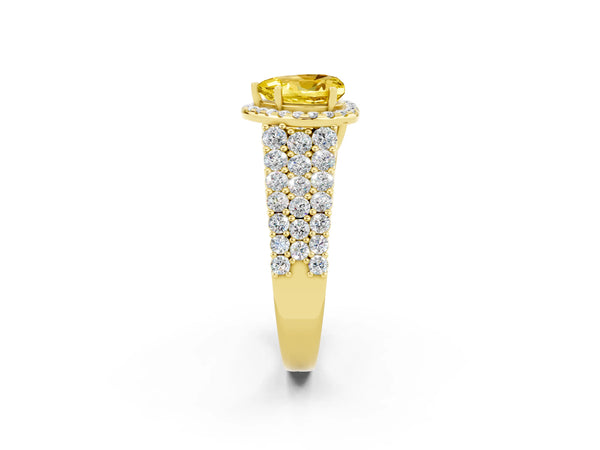 Yellow gold Heart Cut Yellow Sapphire Halo Engagement Ring with Triple Row Round Pavé Band and Prong Setting