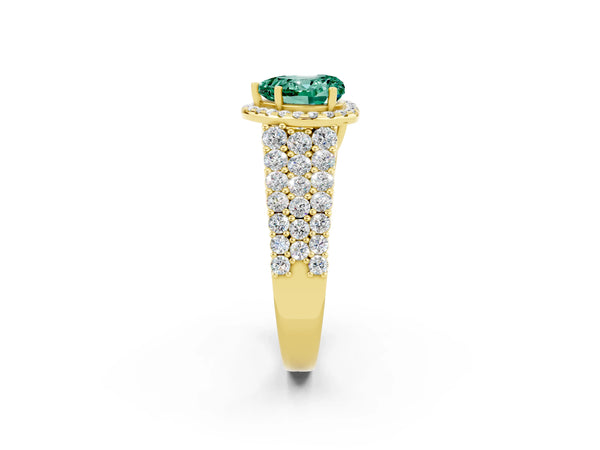 Yellow gold Heart Cut Green Sapphire Halo Engagement Ring with Triple Row Round Pavé Band and Prong Setting