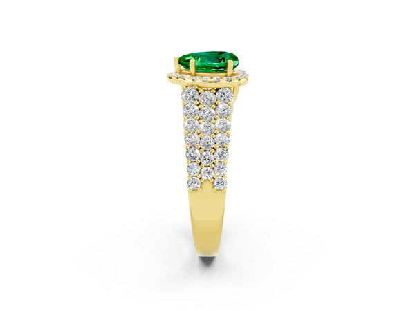 Yellow gold Heart Cut Emerald Halo Engagement Ring with Triple Row Round Pavé Band and Prong Setting
