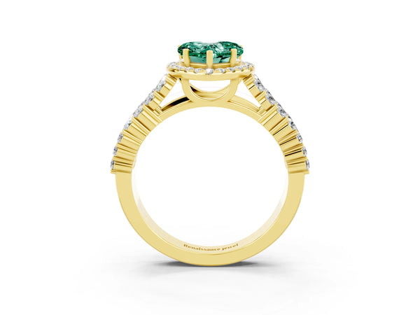 Yellow gold Heart Cut Green Sapphire Halo Engagement Ring with Triple Row Round Pavé Band and Prong Setting