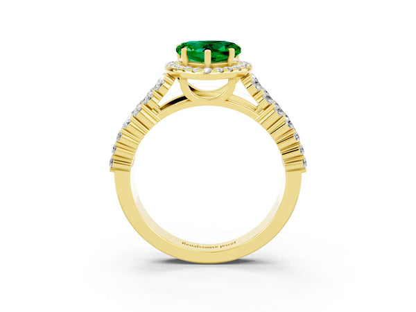 Yellow gold Heart Cut Emerald Halo Engagement Ring with Triple Row Round Pavé Band and Prong Setting