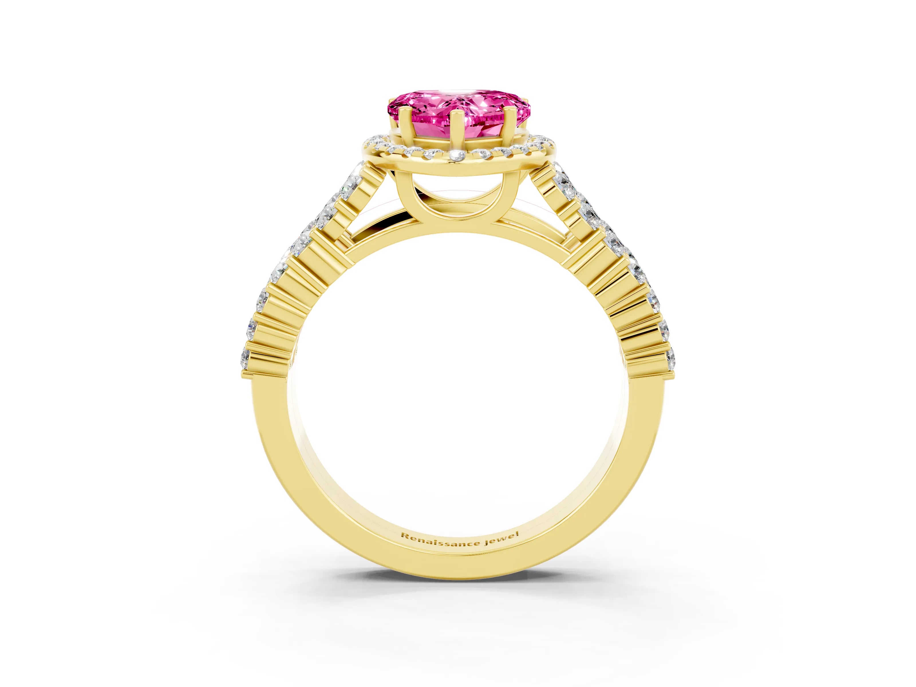 Yellow gold Heart Cut Halo Pavé Diamond Engagement Ring with Split Shank and Four-Prong Setting_3