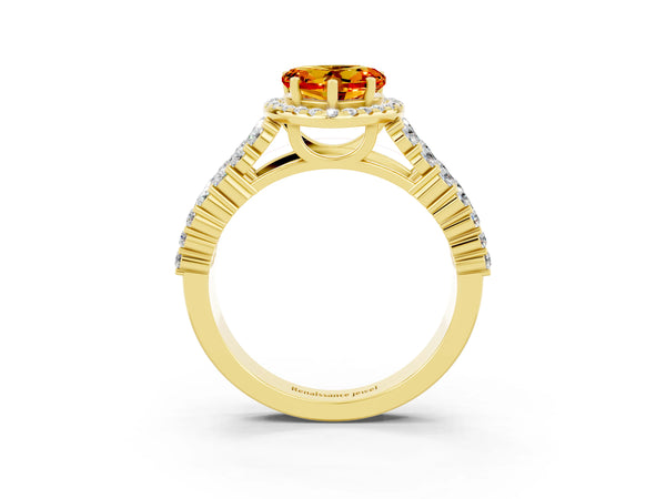 Yellow gold Heart Cut Citrine Halo Engagement Ring with Triple Row Round Pavé Band and Prong Setting