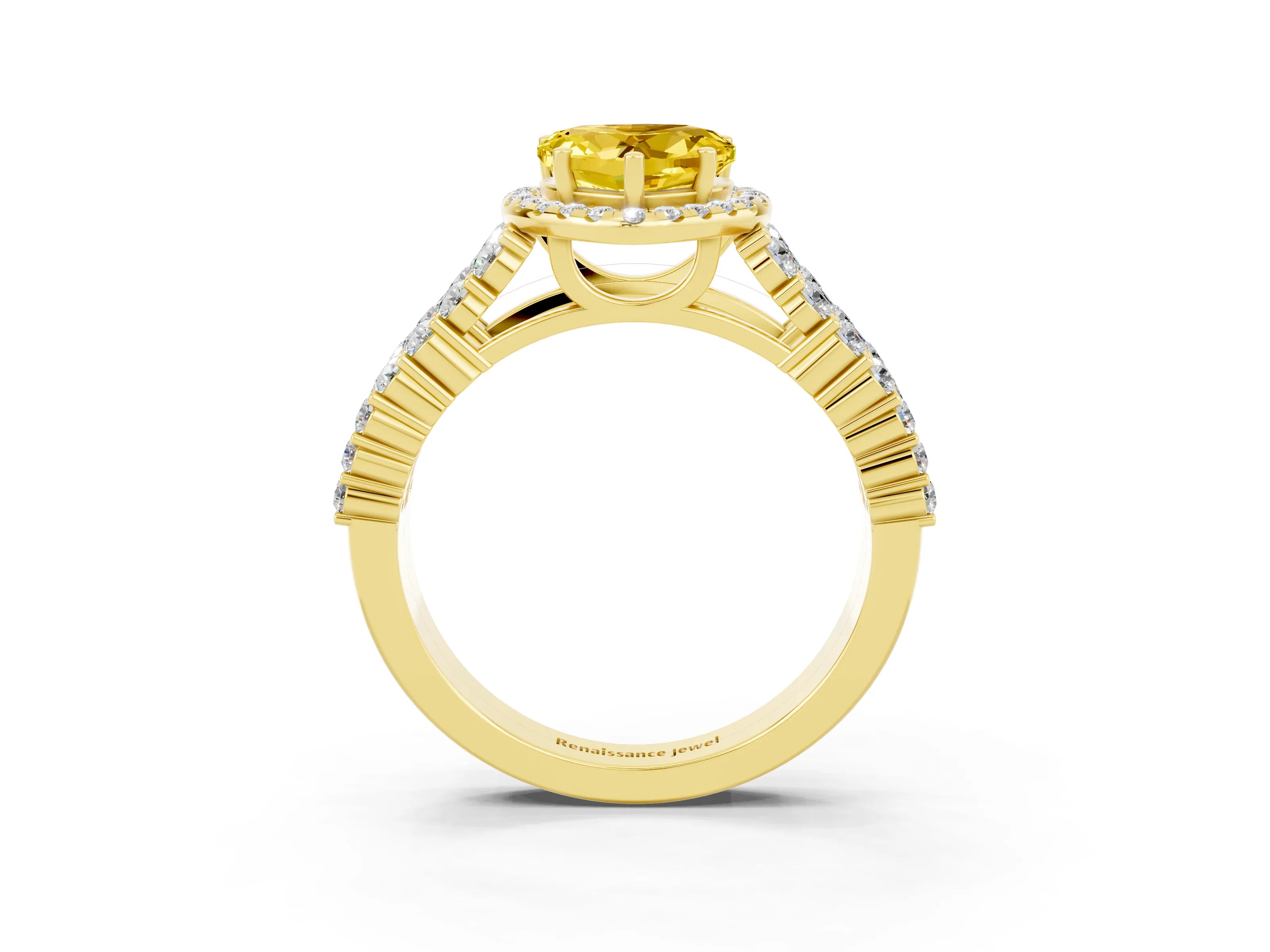 Yellow gold Heart Cut Halo Pavé Diamond Engagement Ring with Split Shank and Four-Prong Setting_3
