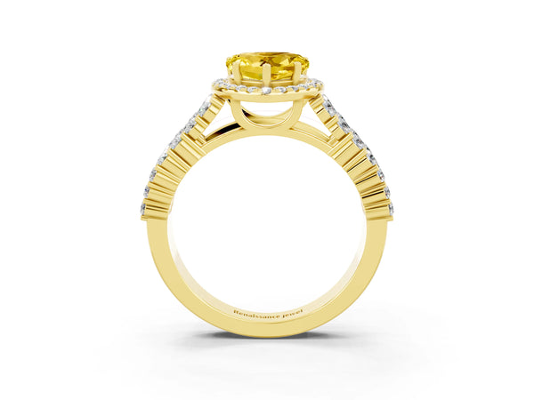 Yellow gold Heart Cut Yellow Sapphire Halo Engagement Ring with Triple Row Round Pavé Band and Prong Setting