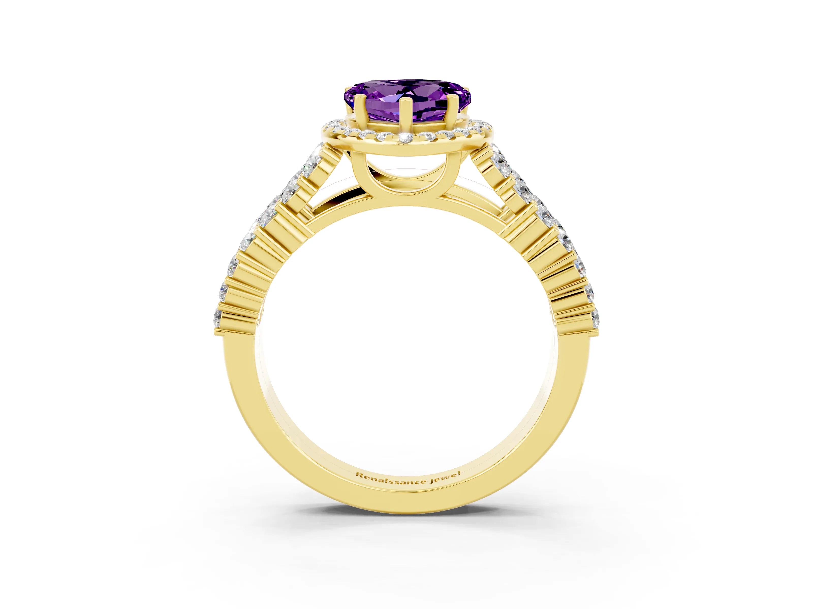 Yellow gold Heart Cut Halo Pavé Diamond Engagement Ring with Split Shank and Four-Prong Setting_3