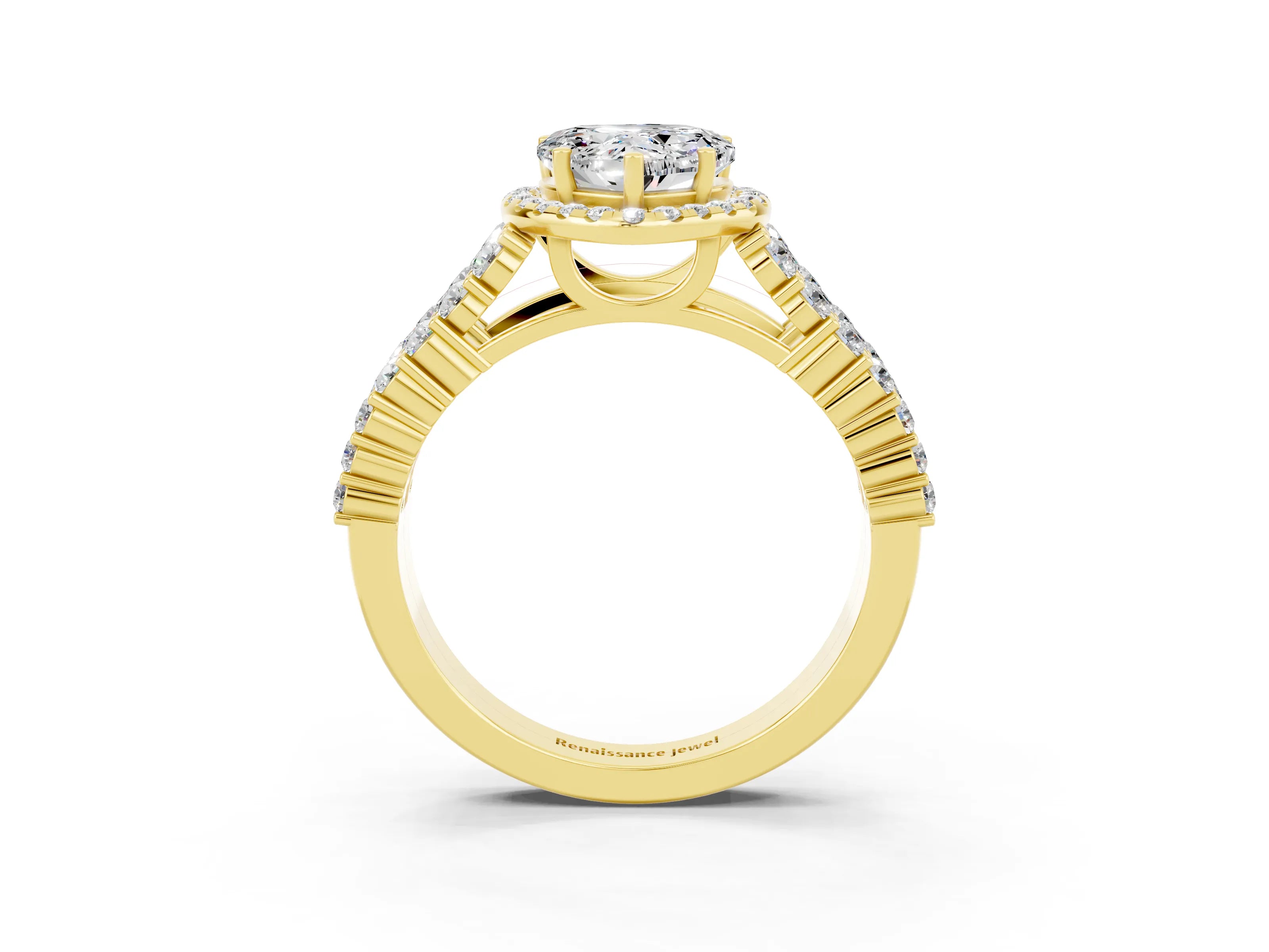 Yellow gold Heart Cut Halo Pavé Diamond Engagement Ring with Split Shank and Four-Prong Setting_3