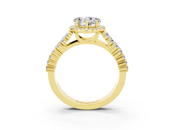 Yellow gold Heart Cut Moissanite Halo Engagement Ring with Triple Row Round Pavé Band and Prong Setting