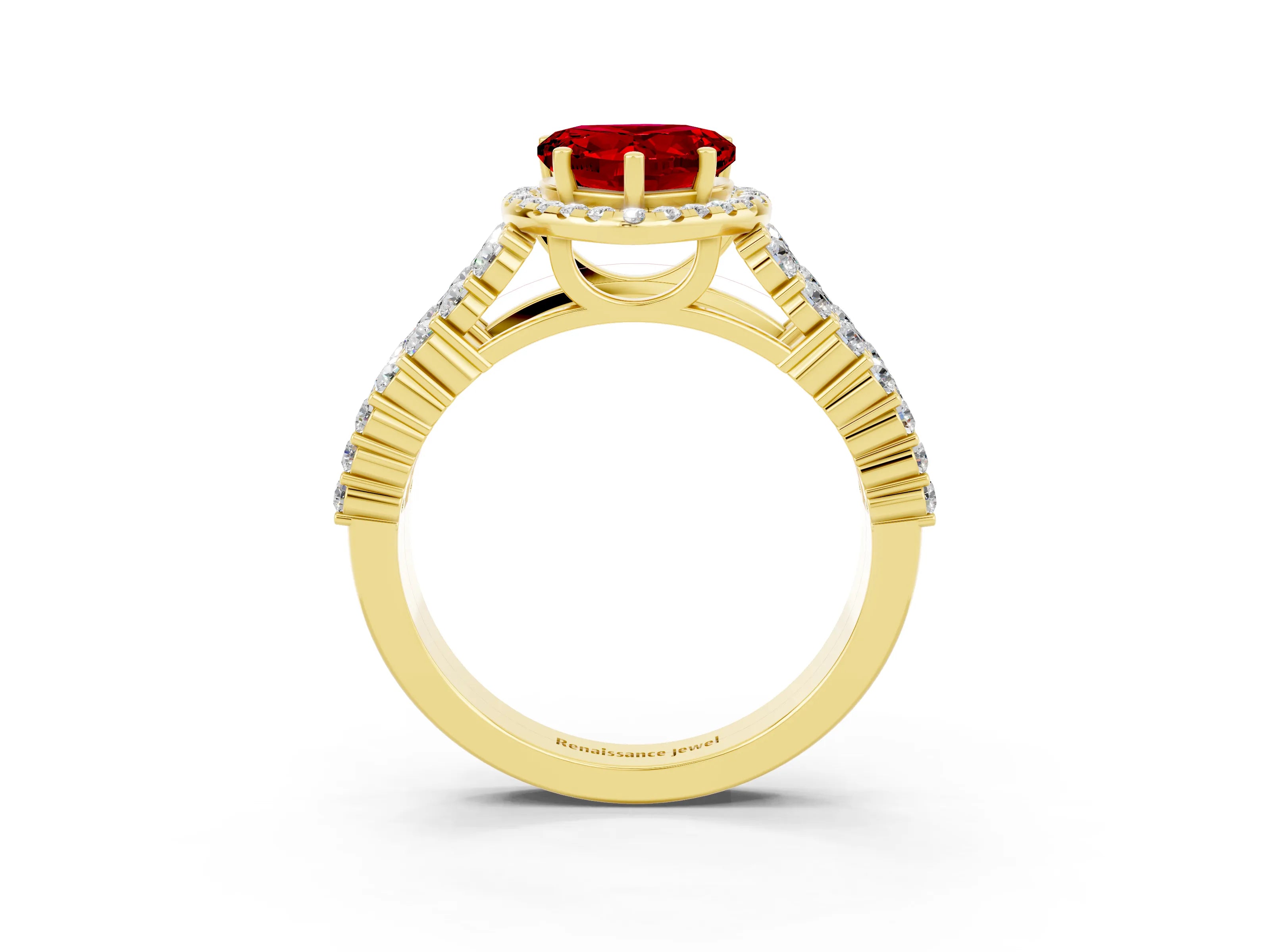 Yellow gold Heart Cut Halo Pavé Diamond Engagement Ring with Split Shank and Four-Prong Setting_3