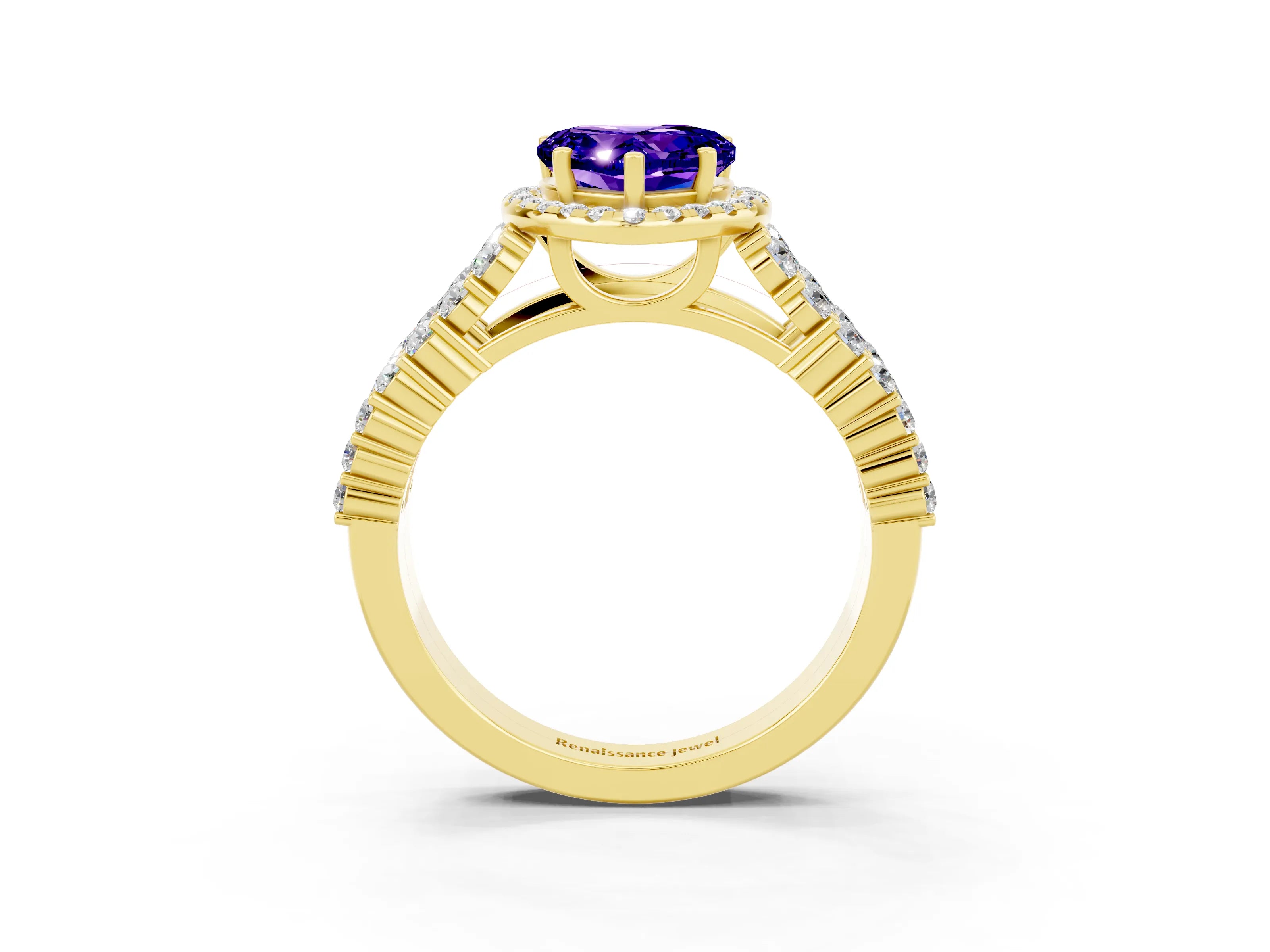 Yellow gold Heart Cut Halo Pavé Diamond Engagement Ring with Split Shank and Four-Prong Setting_3