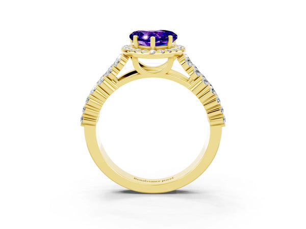 Yellow gold Heart Cut Tanzanite Halo Engagement Ring with Triple Row Round Pavé Band and Prong Setting
