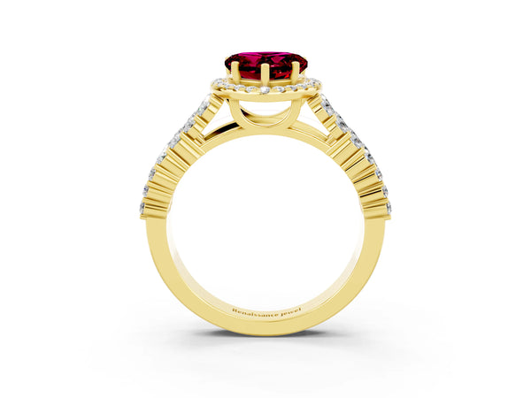 Yellow gold Heart Cut Garnet Halo Engagement Ring with Triple Row Round Pavé Band and Prong Setting