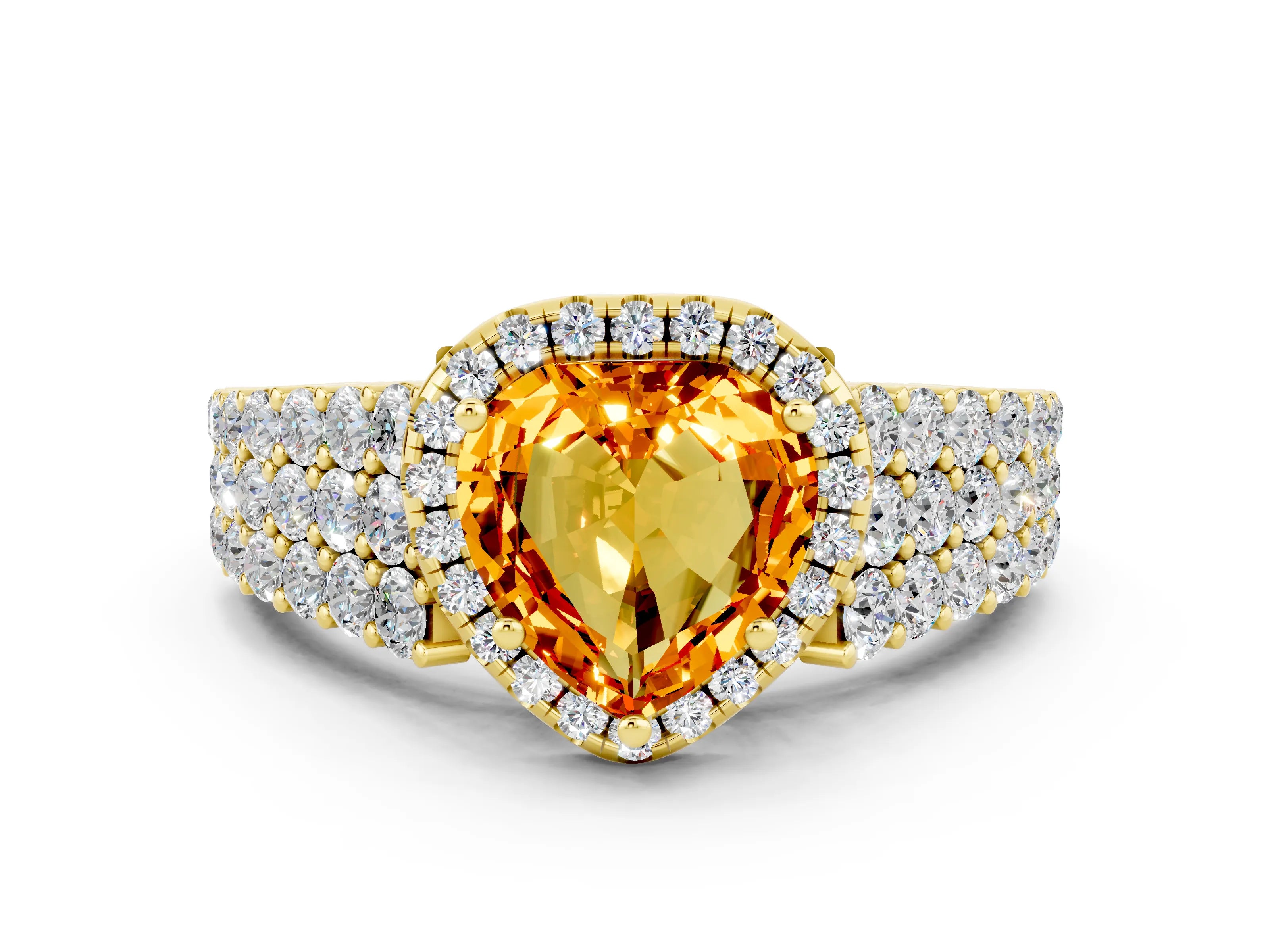 Yellow gold Heart Cut Halo Pavé Diamond Engagement Ring with Split Shank and Four-Prong Setting