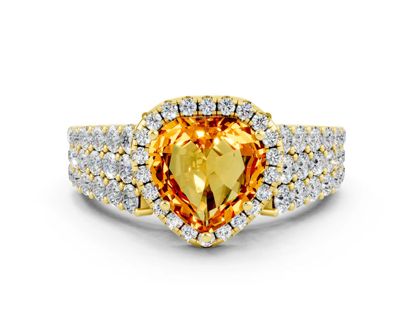 Yellow gold Heart Cut Citrine Halo Engagement Ring with Triple Row Round Pavé Band and Prong Setting