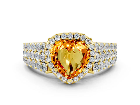 Yellow gold Heart Cut Halo Pavé Diamond Engagement Ring with Split Shank and Four-Prong Setting