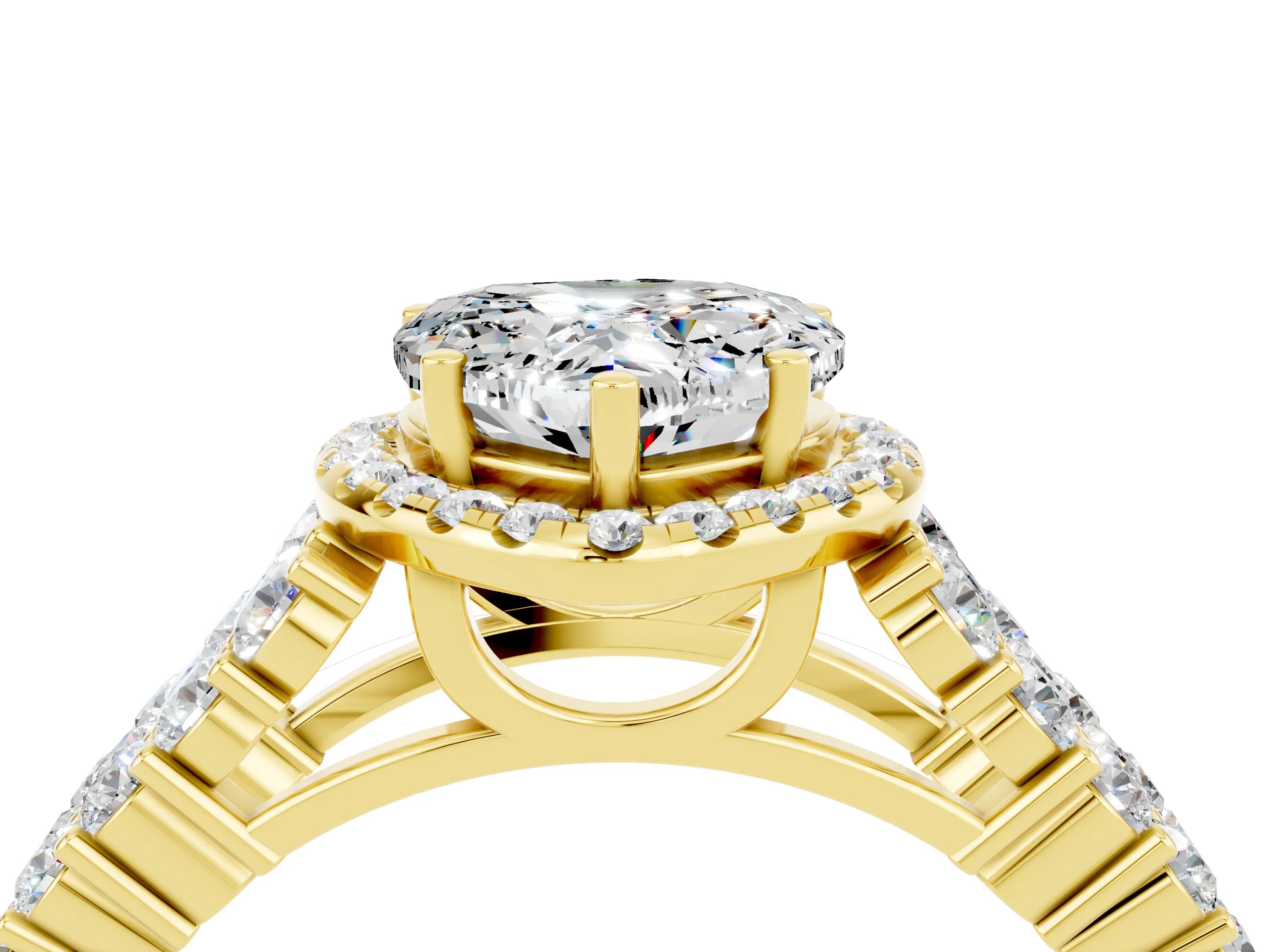 Yellow gold Heart Cut Halo Pavé Diamond Engagement Ring with Split Shank and Four-Prong Setting_4