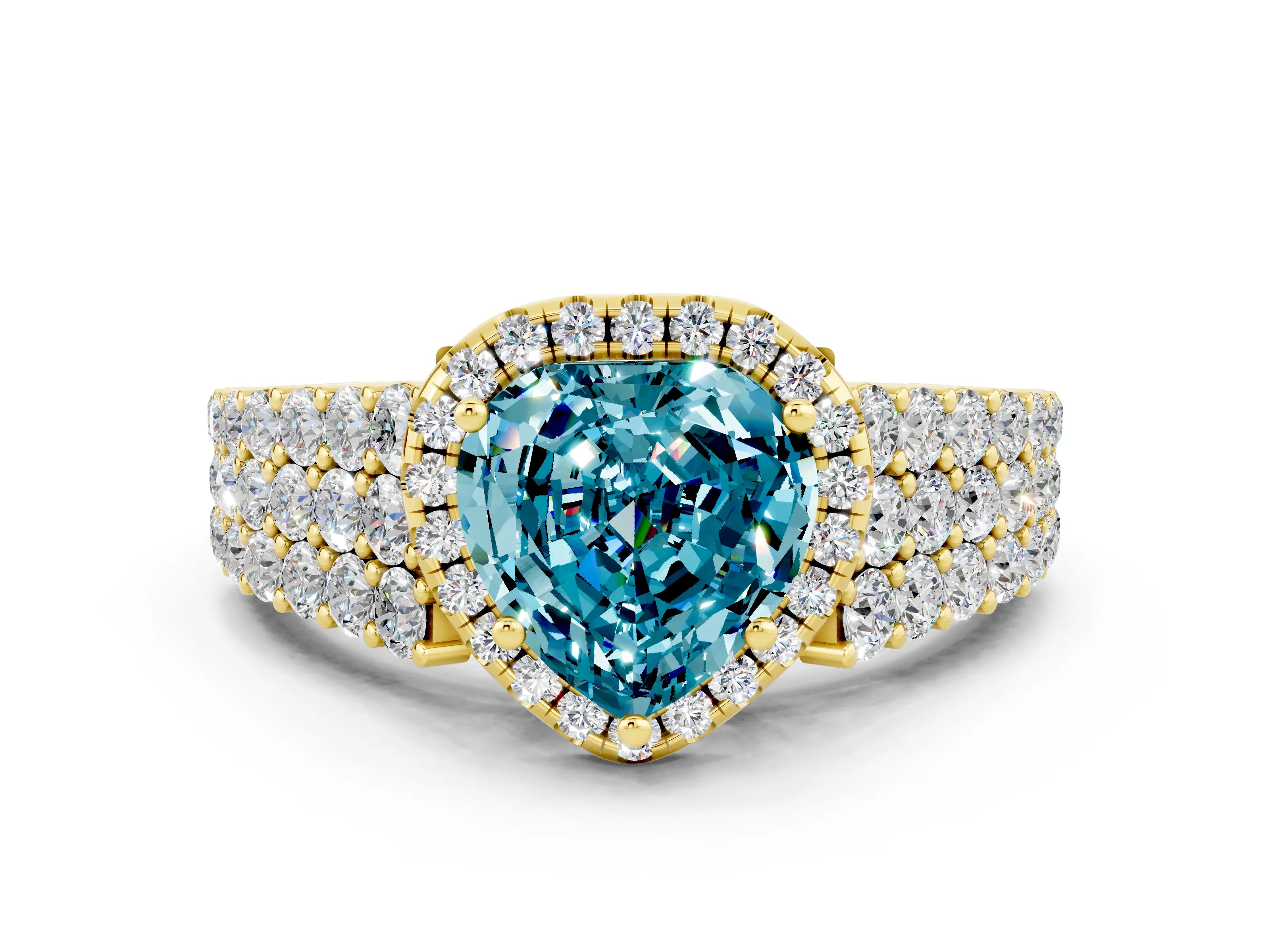 Yellow gold Heart Cut Halo Pavé Diamond Engagement Ring with Split Shank and Four-Prong Setting