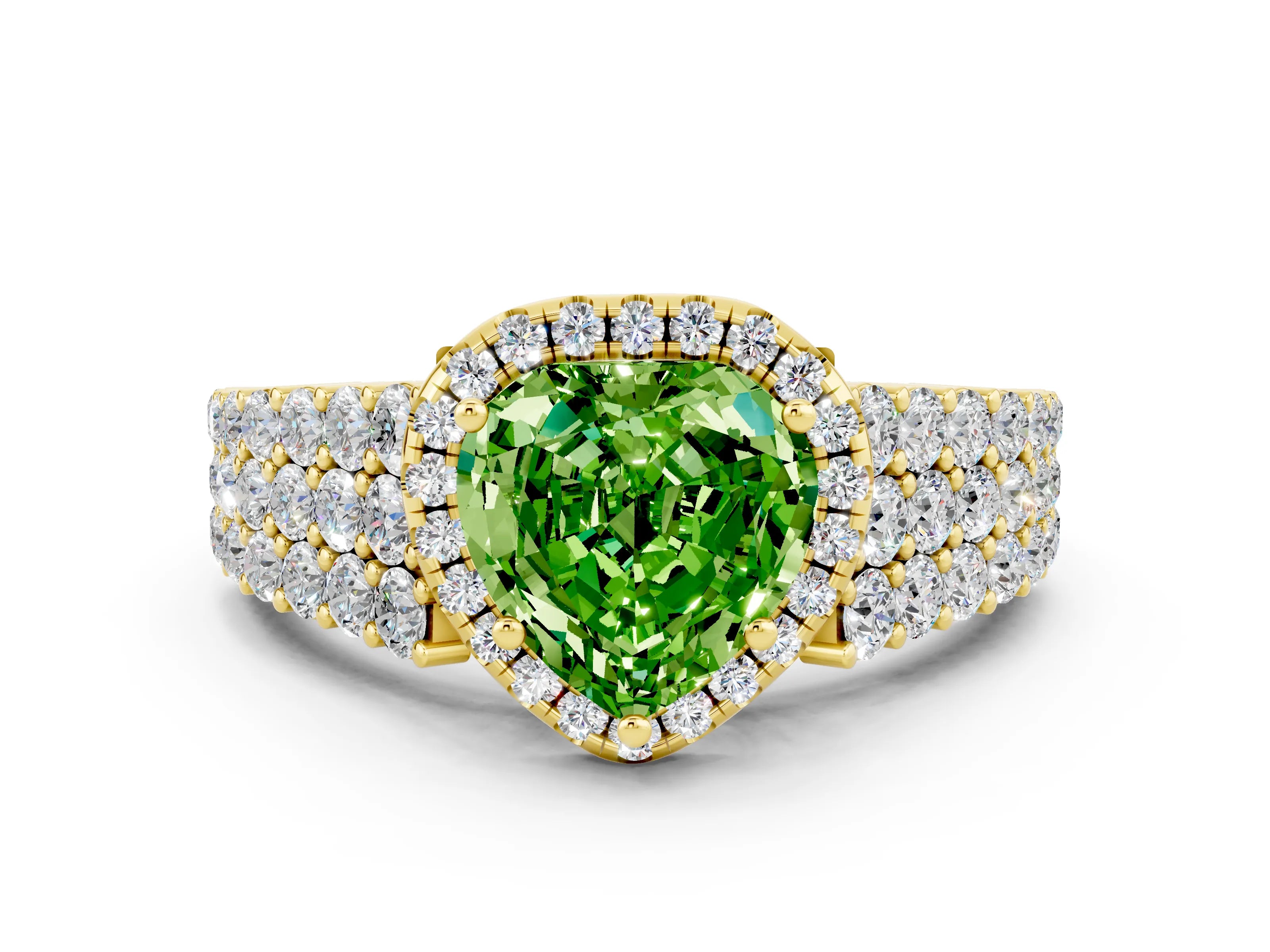 Yellow gold Heart Cut Halo Pavé Diamond Engagement Ring with Split Shank and Four-Prong Setting