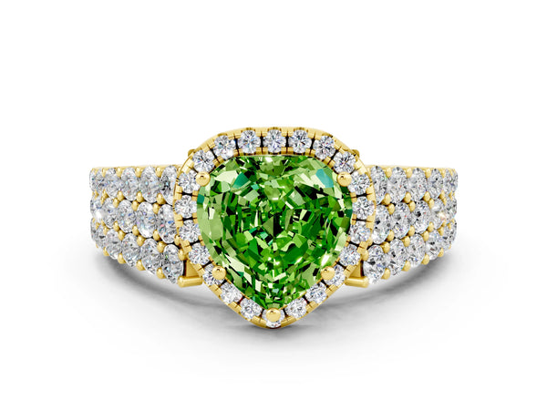 Yellow gold Heart Cut Halo Pavé Diamond Engagement Ring with Split Shank and Four-Prong Setting