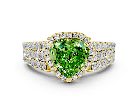 Yellow gold Heart Cut Halo Pavé Diamond Engagement Ring with Split Shank and Four-Prong Setting