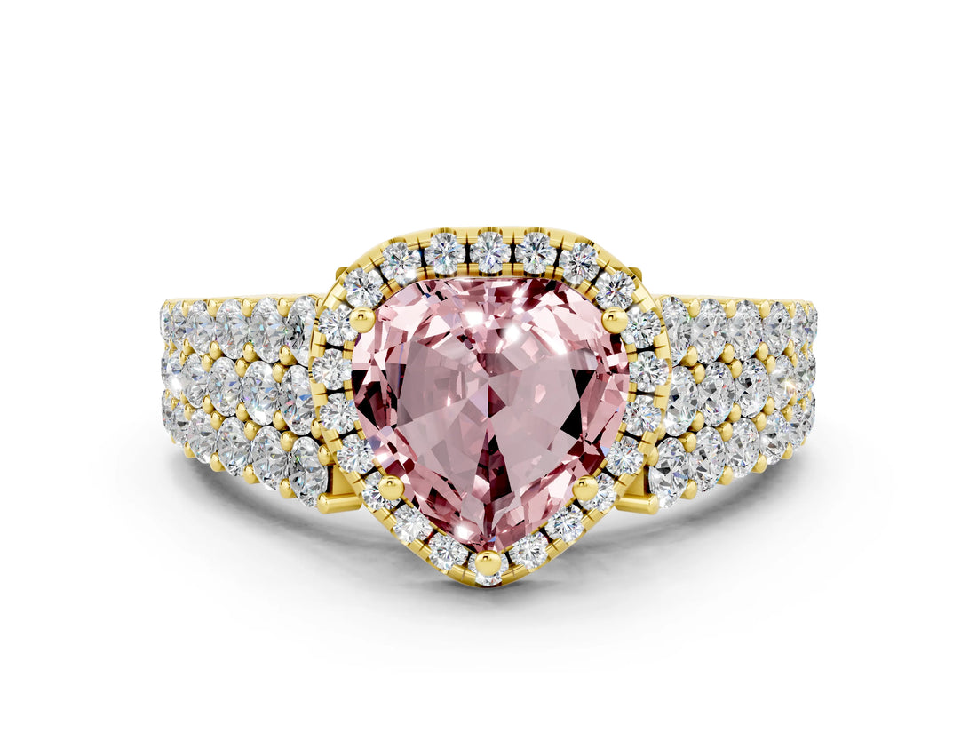Yellow gold Heart Cut Halo Pavé Diamond Engagement Ring with Split Shank and Four-Prong Setting