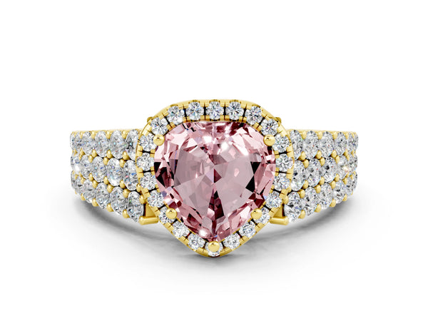 Yellow gold Heart Cut Halo Pavé Diamond Engagement Ring with Split Shank and Four-Prong Setting