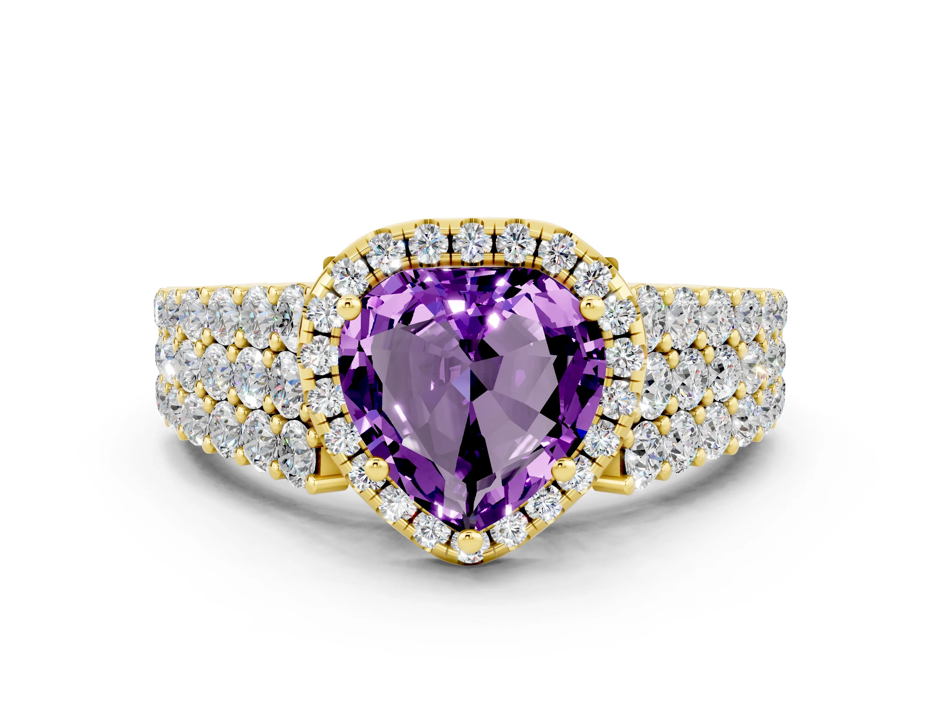 Yellow gold Heart Cut Halo Pavé Diamond Engagement Ring with Split Shank and Four-Prong Setting