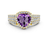 Yellow gold Heart Cut Halo Pavé Diamond Engagement Ring with Split Shank and Four-Prong Setting