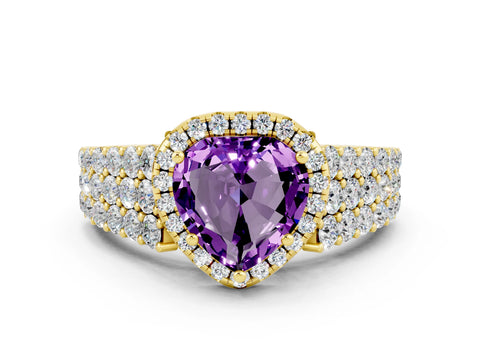 Yellow gold Heart Cut Halo Pavé Diamond Engagement Ring with Split Shank and Four-Prong Setting
