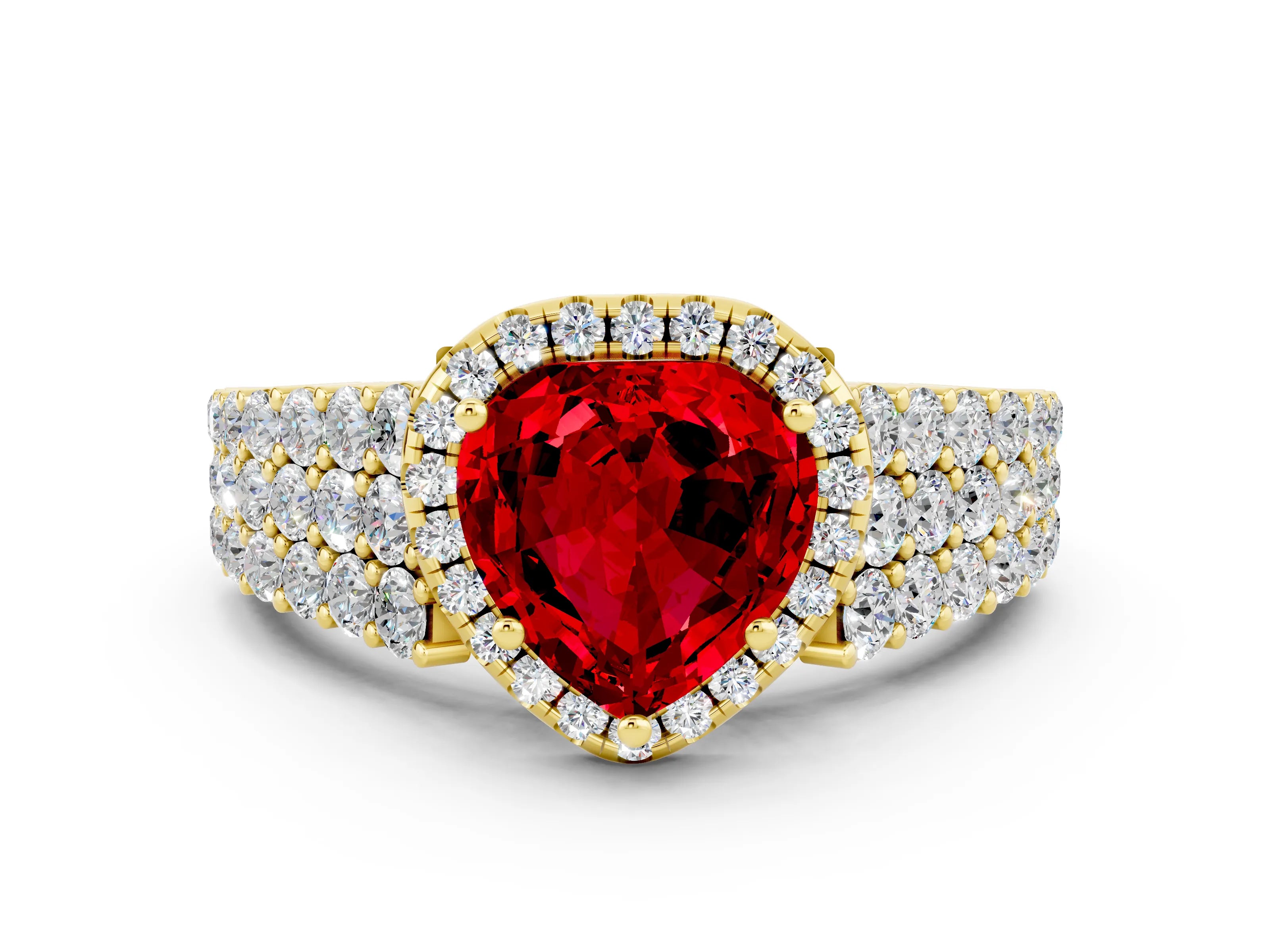 Yellow gold Heart Cut Halo Pavé Diamond Engagement Ring with Split Shank and Four-Prong Setting