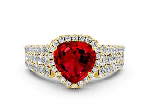 Yellow gold Heart Cut Halo Pavé Diamond Engagement Ring with Split Shank and Four-Prong Setting
