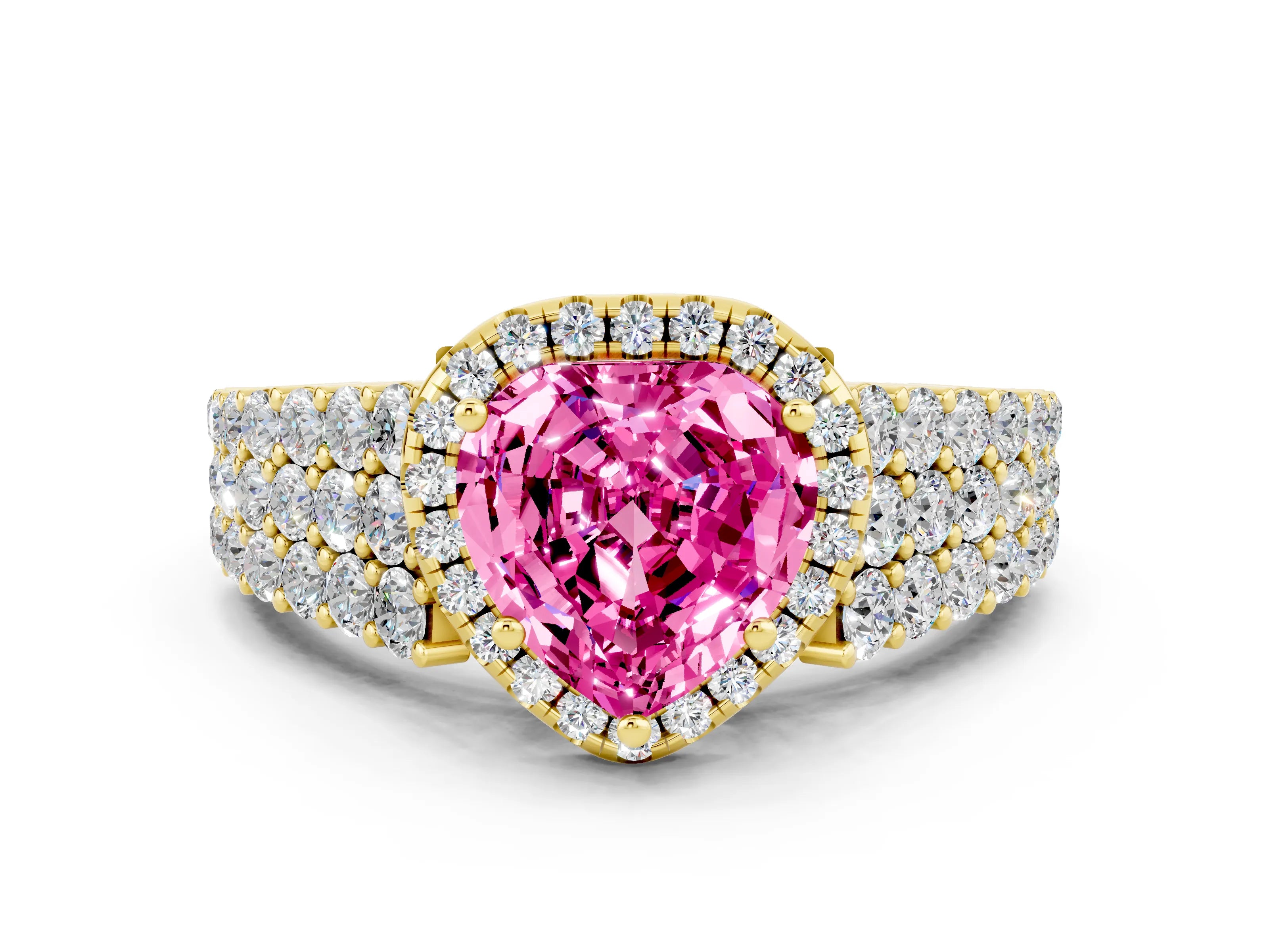 Yellow gold Heart Cut Halo Pavé Diamond Engagement Ring with Split Shank and Four-Prong Setting