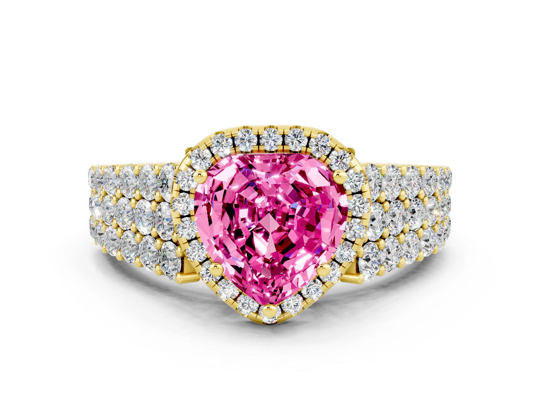 Yellow gold Heart Cut Halo Pavé Diamond Engagement Ring with Split Shank and Four-Prong Setting