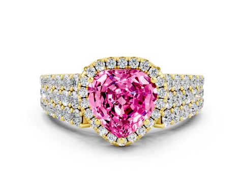 Yellow gold Heart Cut Halo Pavé Diamond Engagement Ring with Split Shank and Four-Prong Setting