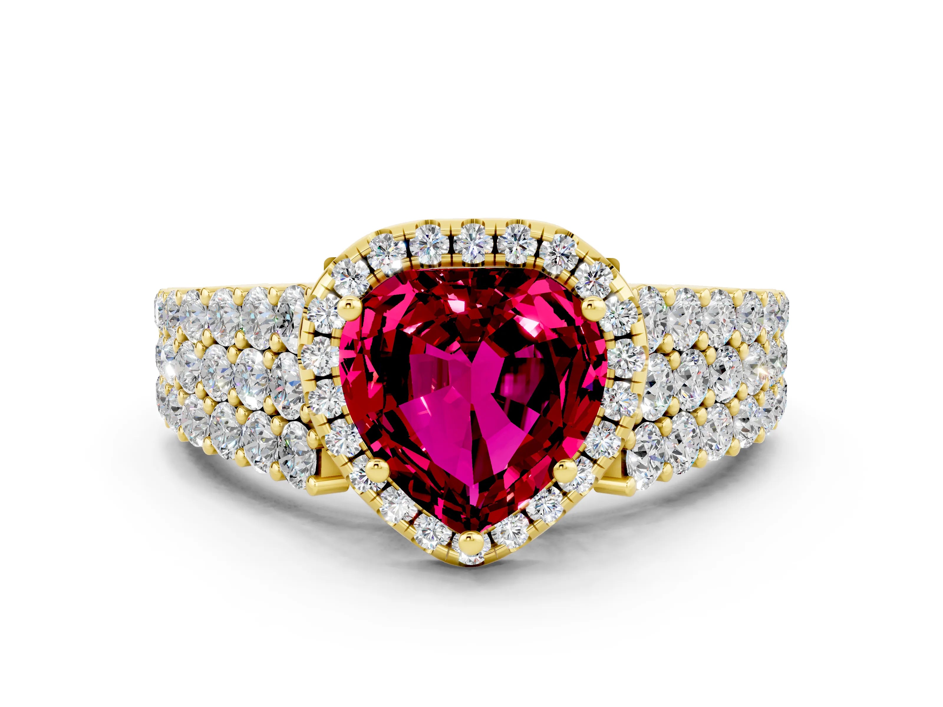 Yellow gold Heart Cut Halo Pavé Diamond Engagement Ring with Split Shank and Four-Prong Setting