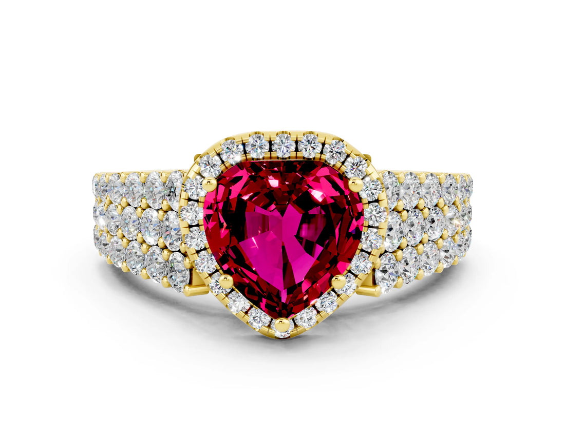 Yellow gold Heart Cut Halo Pavé Diamond Engagement Ring with Split Shank and Four-Prong Setting