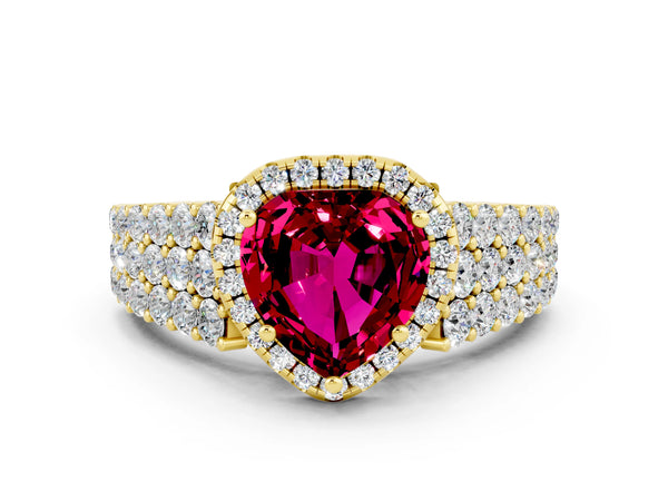 Yellow gold Heart Cut Garnet Halo Engagement Ring with Triple Row Round Pavé Band and Prong Setting