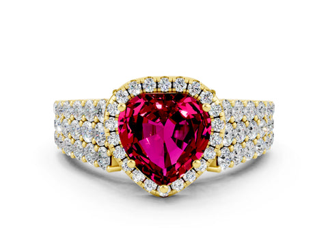 Yellow gold Heart Cut Halo Pavé Diamond Engagement Ring with Split Shank and Four-Prong Setting