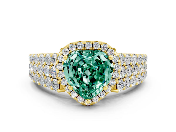Yellow gold Heart Cut Green Sapphire Halo Engagement Ring with Triple Row Round Pavé Band and Prong Setting