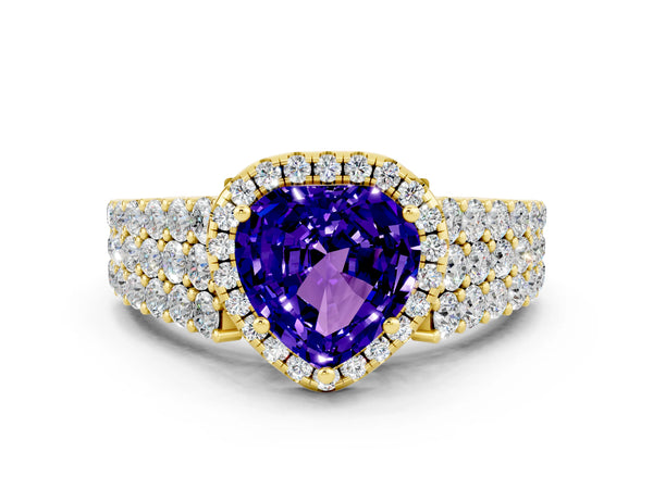 Yellow gold Heart Cut Tanzanite Halo Engagement Ring with Triple Row Round Pavé Band and Prong Setting