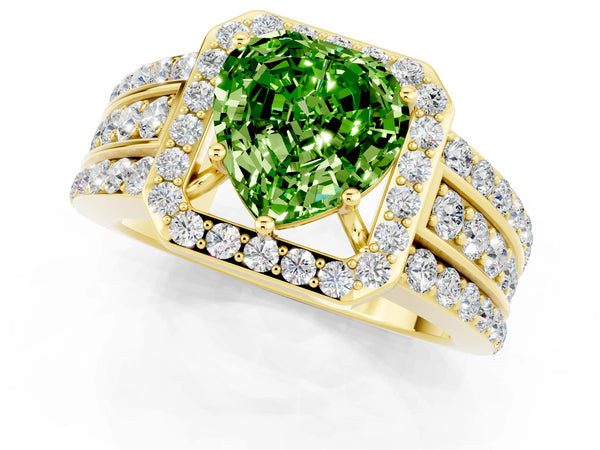 Yellow gold Heart Cut Halo Peridot Ring with Round  Split Shank and Prong Setting