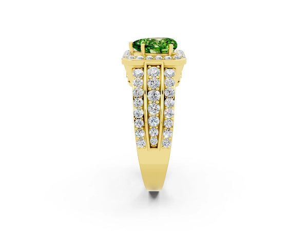 Yellow gold Heart Cut Halo Peridot Ring with Round  Split Shank and Prong Setting