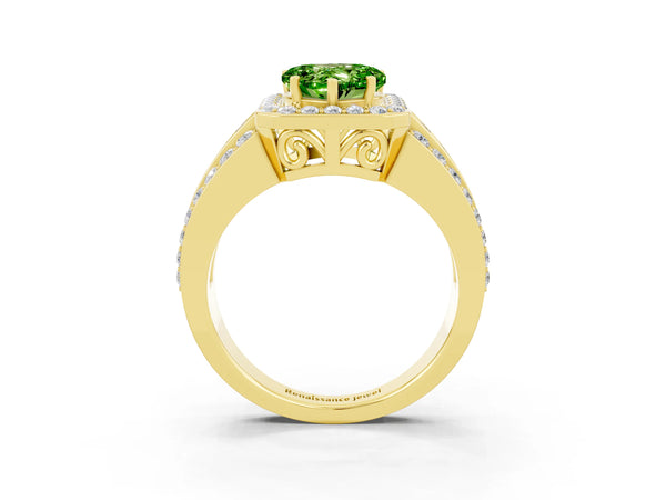 Yellow gold Heart Cut Halo Peridot Ring with Round  Split Shank and Prong Setting
