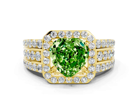 Yellow gold Heart Cut Halo Peridot Ring with Split Shank and Four-Prong Setting