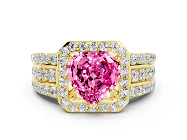 Yellow gold Heart Cut Halo Pink Sapphire Ring with Round  Split Shank and Prong Setting