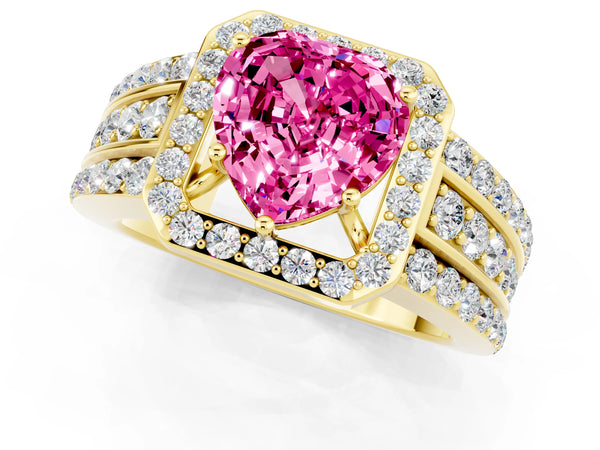 Yellow gold Heart Cut Halo Pink Sapphire Ring with Round  Split Shank and Prong Setting