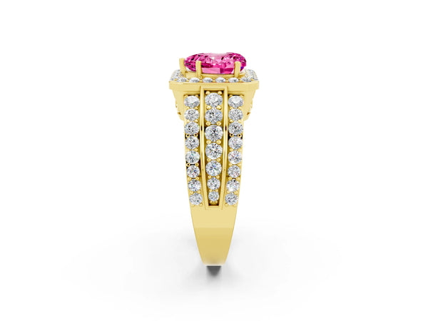 Yellow gold Heart Cut Halo Pink Sapphire Ring with Round  Split Shank and Prong Setting