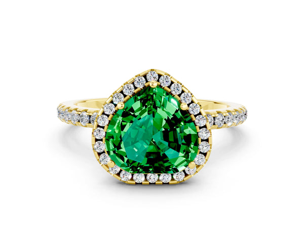Yellow gold Heart Cut Emerald Halo Ring with Round Pavé Band and Prong Setting