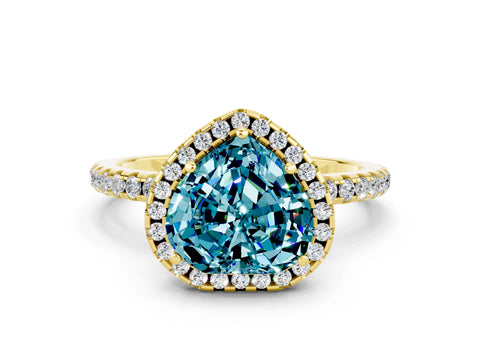 Yellow gold Heart Cut Halo Round Diamond Pavé Band Four-Prong Ring